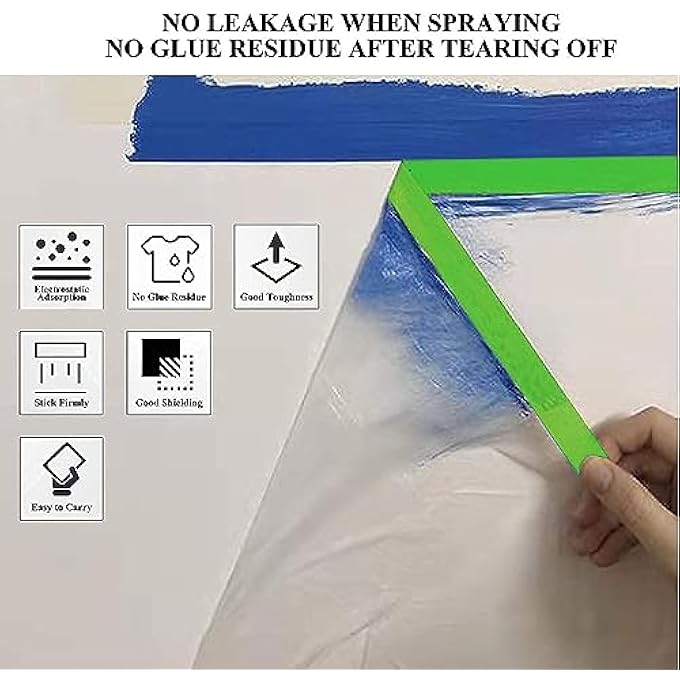 REVHQ PRE-TAPED MASKING FILM PAINTERS PLASTIC SHEETING ROLL, CLEAR DROP CLOTHS FOR PAINTING, AUTOMOTIVE APPLIANCE COVER (3 ROLL, 82FT PER ROLL) - Image 3